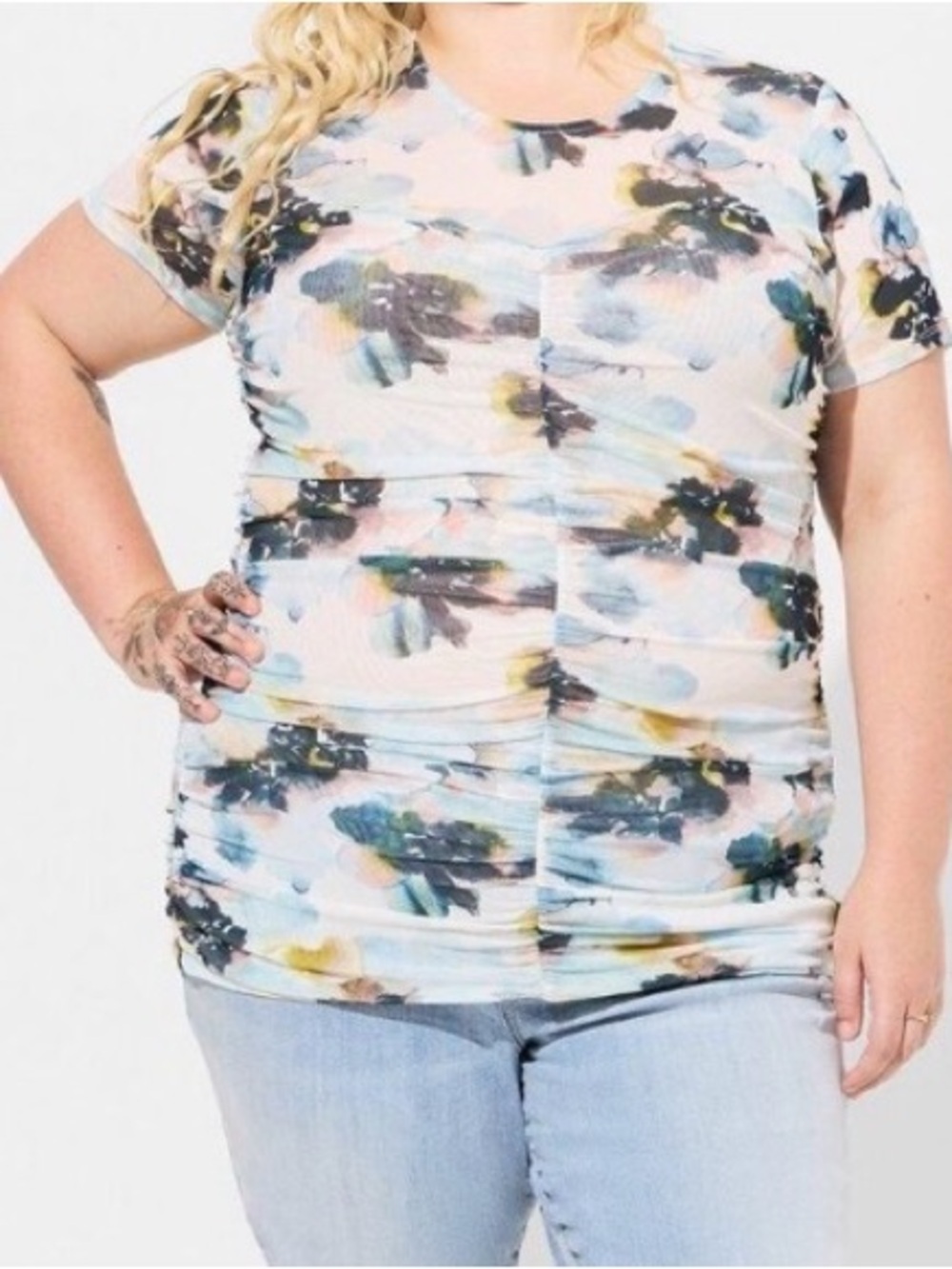 Torrid Stretch Floral Mesh Crew Neck Ruched Top Sz 1x nwt